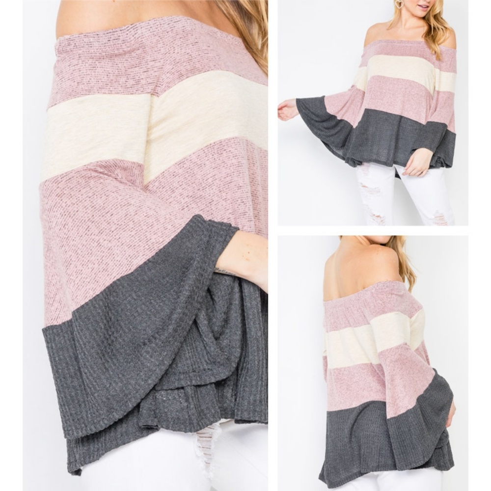 Soft Cozy Off Shoulder Color Block Bell Sleeve Top - Picture 6 of 8